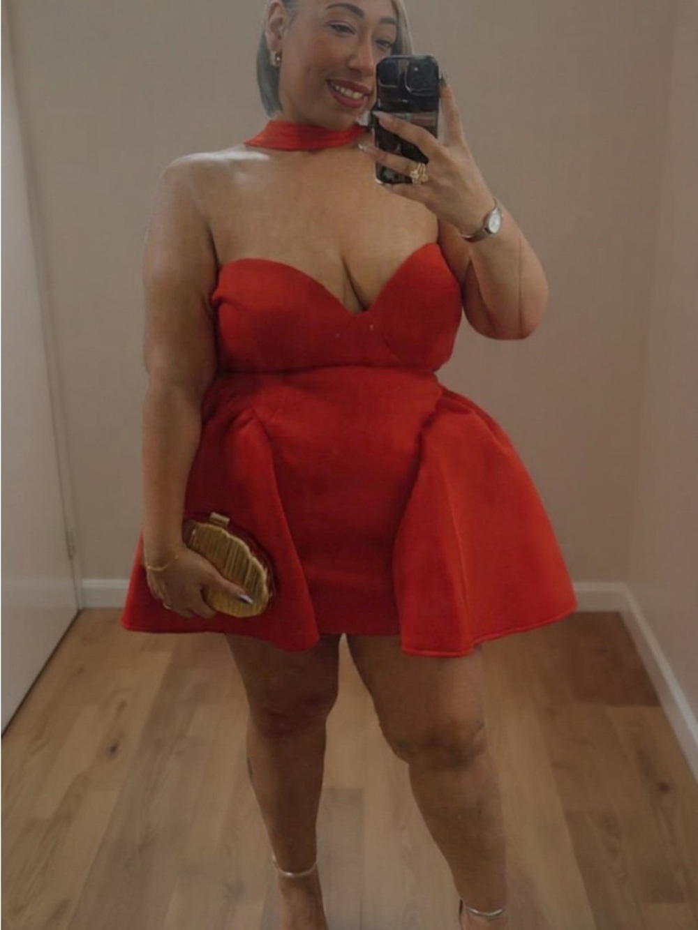 Red Off Shoulder Corset Mini Dress w/ Neck Tie – Flared Skirt